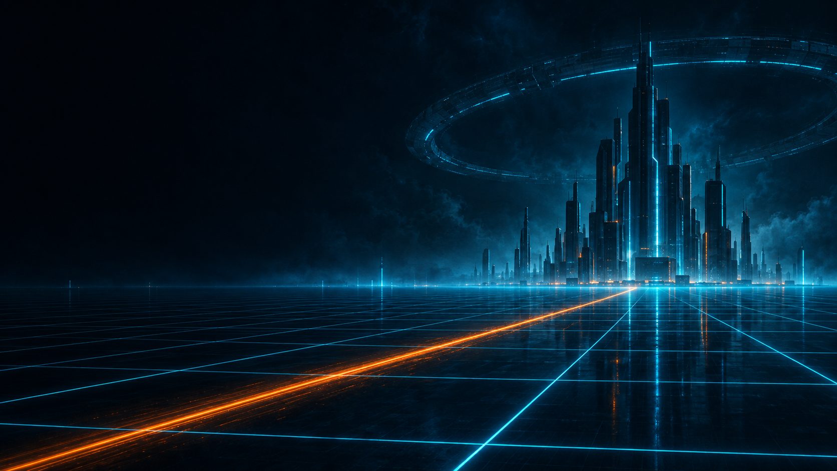 An endless glowing cyan grid leading to a distant digital city, with an amber light trail racing toward the horizon