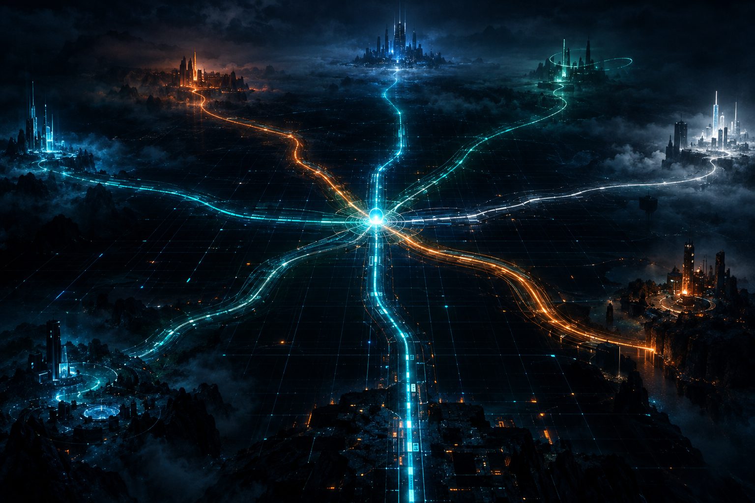 Glowing light paths branching from a single bright point toward distant digital cities